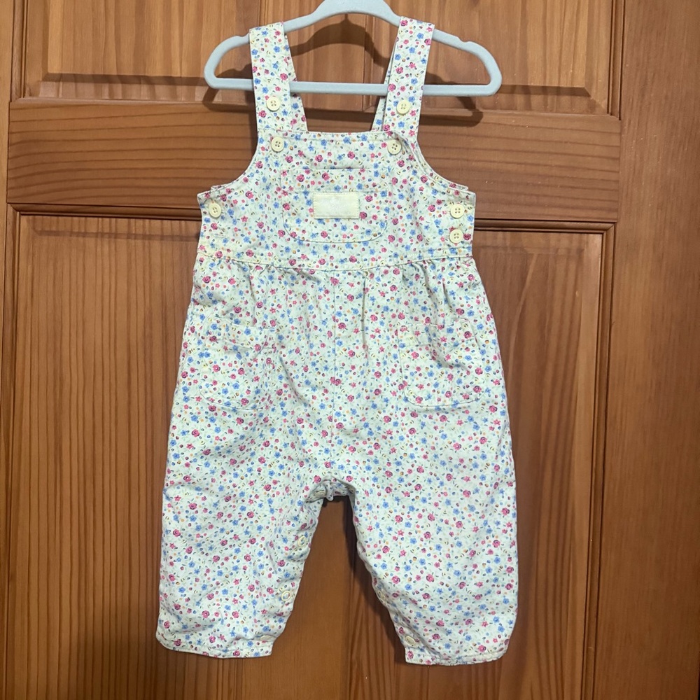 Vintage 90s Retro Osh Kosh Pale Yellow Ditsy Floral Kids Overalls 12m